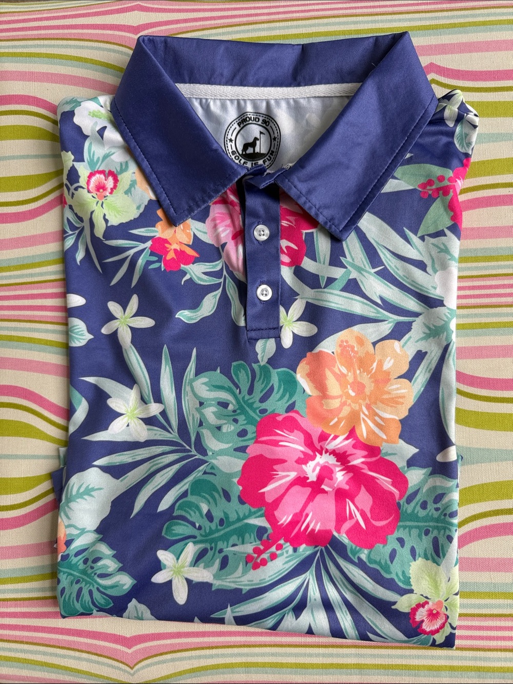 Men's Navy Floral Performance Polo with Tropical Print